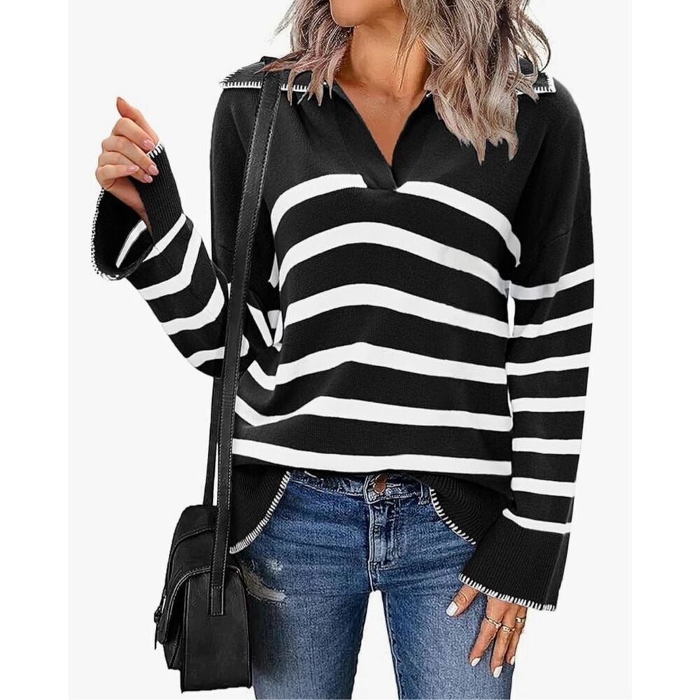 NEW Black V Neck Striped Oversized Collared Chunky Knit Pullover Sweater XL